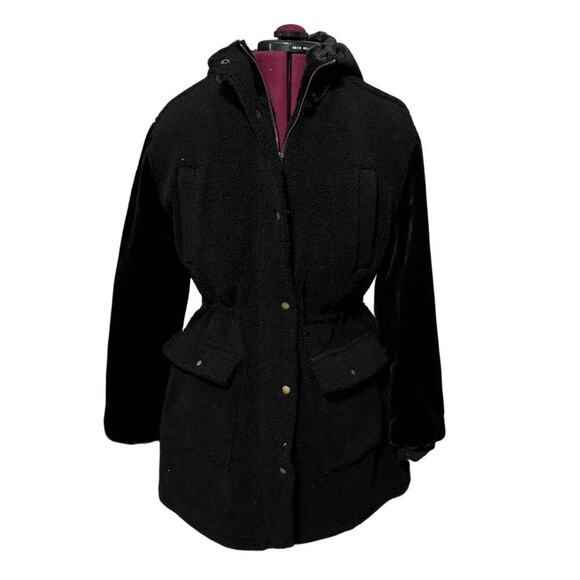 EDEN SOCIETY Faux Fur Wooly Coat Stitchfix Cinch Hooded Jacket Black NWT Medium - Picture 1 of 10